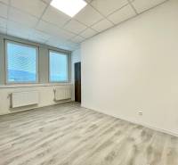 Kanceláře s podlahou s dřevěným dekorem a velkými okny se žaluziemi.