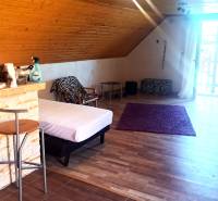 Interiér chaty s barovým pultem, postelí a podlahou s dřevěným dekorem.