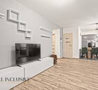 Obývací pokoj v rodinném domě s podlahou s dřevěným dekorem, televizorem, jídelním stolem a kuchyní.