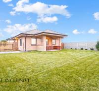 Rodinný dům v Gabčíkovu s velkou zahradou, trávníkem a oplocením.