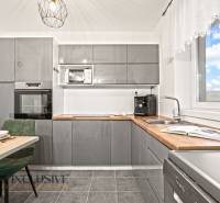 Kuchyně s šedou linkou, vestavnou troubou a mikrovlnkou v rodinném domě.