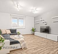 Obývací pokoj v rodinném domě s pohovkou, televizorem a podlahou s dřevěným dekorem.