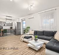 Obývací pokoj s kuchyní, podlaha s dřevěným dekorem, prostor propojený v rodinném domě.