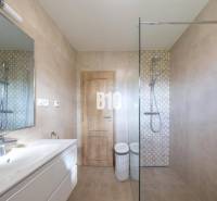 Koupelna s keramickými obklady, sprchovým koutem a zrcadlem v rodinném domě.