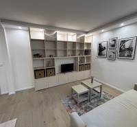 Obývací pokoj v 2-pokojovém bytě s pohovkou, policí a podlahou s dřevěným dekorem.