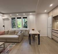 Obývací pokoj s pohovkou, jídelním stolem a kuchyní v 2pokojovém bytě.