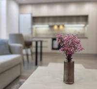 Obývací pokoj s kuchyní a květinami na stole v 2-pokojovém bytě.