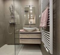 Koupelna v 2-pokojovém bytě s umyvadlem, sprchou a ručníkem na radiátoru.