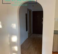 Interiér 2-pokojového bytu s podlahou s dřevěným dekorem a obloukovým vchodem.