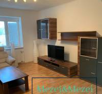 Obývací pokoj s dřevěným dekorem podlahy, televizorem a pohodlnou sedačkou v 2-pokojovém bytě.