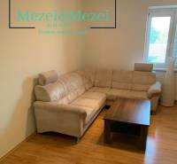 Obývací pokoj v 2pokojovém bytě s rohovou sedačkou a stolkem na podlaze s dřevěným dekorem.