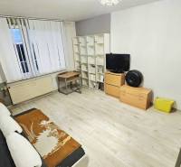 Útulný obývací pokoj v 2pokojovém bytě s podlahou s dřevěným dekorem a nábytkem.