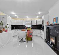 Kuchyně v rodinném domě s krbem, bílými skříňkami a rostlinami, podlaha s dřevěným dekorem.