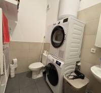 Koupelna v 2-pokojovém bytě s pračkou, sušičkou, toaletou a umyvadlem.
