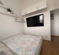 Světlá ložnice v 2-pokojovém bytě s TV a podlahou s dřevěným dekorem.