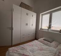 Ložnice v 2pokojovém bytě s podlahou s dřevěným dekorem a velkou skříní.