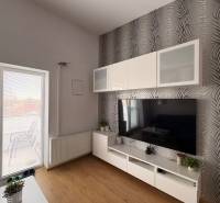 Obývací pokoj s TV stěnou, vzorovanou tapetou a podlahou s dřevěným dekorem v 2pokojovém bytě.