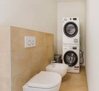 Koupelna v rodinném domě s pračkou, sušičkou, bidetem a toaletou.