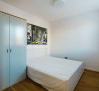 Ložnice v rodinném domě s jednoduchou postelí, skříní a podlahou s dřevěným dekorem.