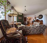 Obývací pokoj v bytě s 5 a více pokoji s podlahou s dřevěným dekorem a vintage nábytkem.