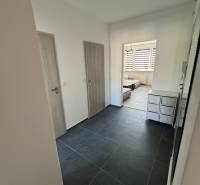 Vstupní chodba v 3-pokojovém bytě s tmavou dlažbou a světlými dveřmi.