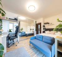 Rodinný dům nabízí podlahu s dřevěným dekorem, modrou pohovku a pracovní kout.