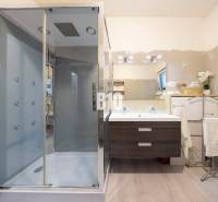 Koupelna v rodinném domě s podlahou s dřevěným dekorem, sprchovým koutem a zrcadlem.