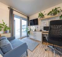 Kancelář v rodinném domě s pohovkou, pracovním stolem, televizorem a rostlinami.