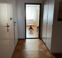 Chodba ve 3-pokojovém bytě s podlahou s dřevěným dekorem vedoucí do světlé místnosti.