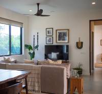 Interiér s pohovkou, televizorem a dřevěným nábytkem ve výstavbě domů.