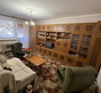 Obývací pokoj v 3-pokojovém bytě s dřevěnou obývací stěnou a zeleným nábytkem.