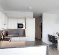 Kuchyně 2pokojového bytu s bílými skříňkami a jídelním stolem, podlaha s dřevěným dekorem.