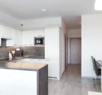 Kuchyně a jídelní kout v 2-pokojovém bytě s podlahou s dřevěným dekorem.