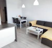 Obývací pokoj v 2pokojovém bytě s kuchyní, pohovkou a jídelním stolem, podlaha s dřevěným dekorem.