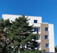 Budova na Športovní ulici v Galantě, obklopená stromy, s jasnou oblohou v pozadí.