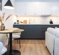 Kuchyně v 1-pokojovém bytě s bílými skříňkami, tmavou linkou a podlahou s dřevěným dekorem.