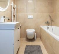 Koupelna laděná do béžové s vanou, umyvadlem a zrcadlem v 1-pokojovém bytě.