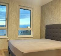 Ložnice s velkým oknem a postelí v 2-pokojovém bytě, podlaha s dřevěným dekorem.