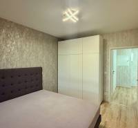 Ložnice s postelí, bílou skříní a podlahou s dřevěným dekorem v 2-pokojovém bytě.