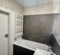 Koupelna s vanou a tmavými obklady v 2-pokojovém bytě.