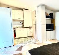 Interiér rodinného domu s vestavěnou kuchyní, postelí a skříněmi, podlaha s dřevěným dekorem.