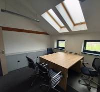 Kancelář s pracovním stolem a židlemi, pod střešními okny, s podlahou s dřevěným dekorem.