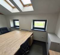 Kanceláře s podlahou s dřevěným dekorem, střešní okna a psací stoly.