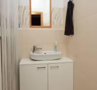 Koupelna se zrcadlem a umyvadlem nad skříňkou ve 2pokojovém bytě.