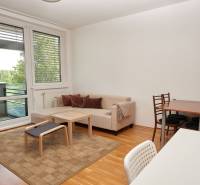 Obývací pokoj s pohovkou, jídelním stolem a podlahou s dřevěným dekorem ve 2pokojovém bytě.