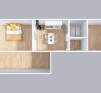 Půdorys rodinného domu s podlahou s dřevěným dekorem, kuchyní a ložnicí.