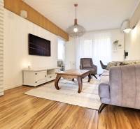 Obývací pokoj s pohovkou a křeslem v třípokojovém bytě s podlahou s dřevěným dekorem.