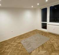 Pokoj v 1-pokojovém bytě s podlahou s dřevěným dekorem a velkým oknem.