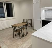 Kuchyně v 1-pokojovém bytě s jídelním stolem, skříněmi a dekoračními obrazy na stěně.