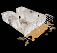 3D půdorys rodinného domu v Novém Světě s podlahou s dřevěným dekorem.